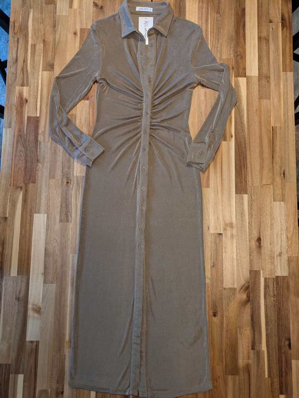 12th Tribe Metallic Taupe Button Down Shirred Waist Maxi Shirt Dress Sz S